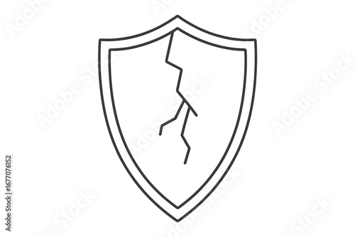 Broken shield icon. Security vulnerability metaphor. Cracked defense symbol. Data breach concept. Cyber attack risk. Weak protection unsafe. Danger concept. Vector outline illustration.
