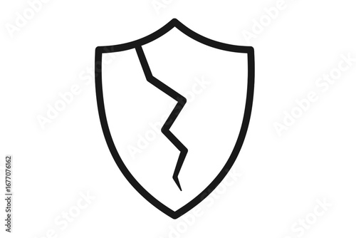 Broken shield icon symbolizing vulnerability, risk, and lack of protection. Vector illustration of a cracked crest for concepts of security failure, data breach, and danger.
