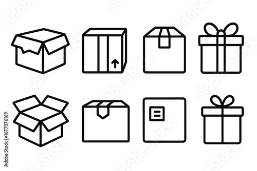 Boxes line icon set. Shipping and delivery symbols. Package, parcel, and container outline signs. Logistics, e-commerce, and cargo vector illustration for web design.