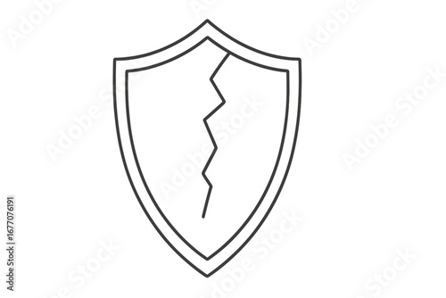 Cracked shield icon metaphor for vulnerability, broken protection, and insecurity. Concept for risk, danger, failure, system error, data breach, and loss of safety or trust.