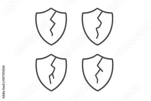 Cracked shield line icon set. Concept of vulnerability, risk, and security failure. Broken protection and damaged defense symbol. Simple thin line vector cartoon illustration.