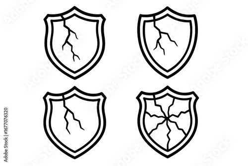 Cracked shield icon set. Vector outline illustration of a broken protection symbol. Concept of vulnerability, insecurity, data breach, risk, failure, and weak defense system.