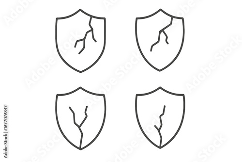 Cracked shield icon set. Broken security and protection symbol. Vector line art illustration. Concept of vulnerability, data breach, risk, failure, and unsafe system.