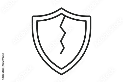 Cracked shield line icon. Concept of vulnerability, weak defense, and insecurity. Symbol for data breach, cyber attack, risk, danger, and failed protection. Unsafe system.