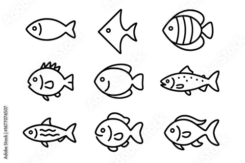 Fish icon set collection. Line art animal silhouettes. Marine life and seafood outline symbols for logo, web, app. Aquatic nature vector illustration. Simple fishing pictogram.