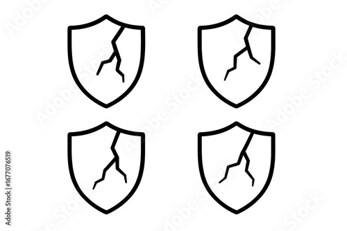 Cracked shield icon. Broken security sign. Vector illustration for concepts like vulnerability, data breach, weak defense, cyber attack, risk, failure, unprotected system.
