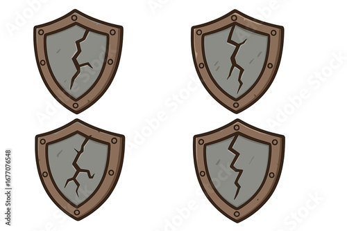 Cracked shield vector set. Concept of vulnerability, security breach, or failed protection. Broken, damaged defense icon for games, web interface, or cybersecurity themes.