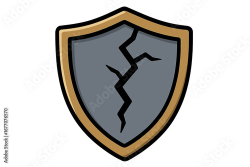 Cracked shield vector icon. Metaphor for vulnerability, data breach, or security failure. Broken defense and lost protection concept. Damaged guard symbol cartoon illustration.