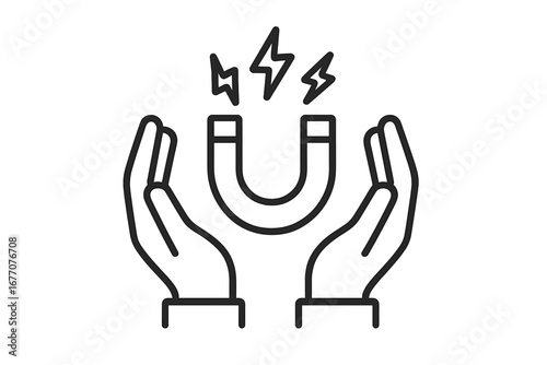 Hands holding magnet icon as a metaphor for attraction and influence. Inbound marketing and customer retention concept. Lead generation, engagement, and power symbol vector.