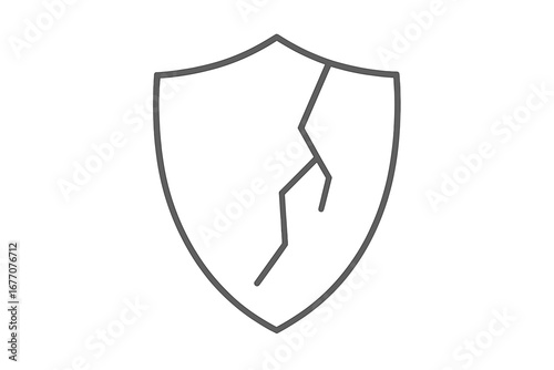 Cracked shield simple line icon. Vector cartoon illustration of a broken defense. Concept of vulnerability, security failure, data breach, risk, weak protection, insecurity.