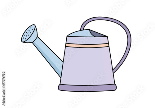 Illustration of a light purple watering can with a blue spout and handle on a white background
