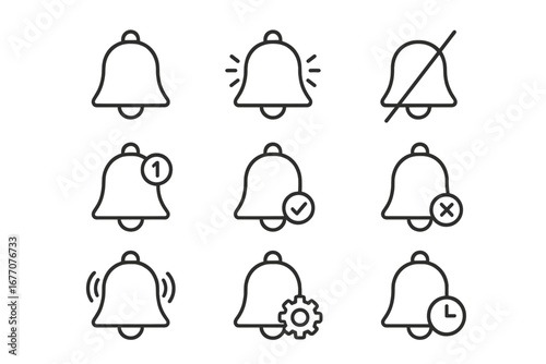 Notification bell line icon set for UI and UX design. Vector symbols for web and mobile apps, including alert, mute, new message, settings, and reminder concepts.