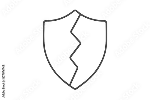 Cracked shield vector line icon. Concept of broken security, vulnerability, and failed protection. Metaphor for data breach, cyber attack, or unsafe system. Simple thin line art.