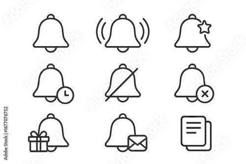 Notification bell vector line icon set for UI and UX design. Includes ringing, silent, snooze, new message, favorite, gift and delete alert symbols. Editable stroke for web.