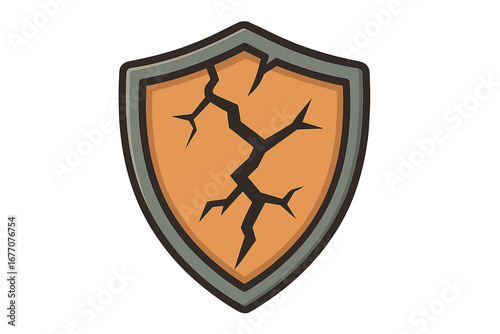 Cracked shield vector icon. Symbol of broken protection, vulnerability, and failed security. Damaged defense concept for web, data breach, or cybersecurity risk illustration.