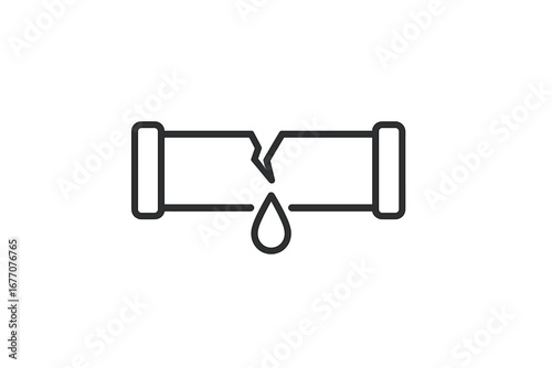 Broken pipe with water leak icon. Plumbing problem, burst pipeline, and dripping concept. Vector illustration for emergency repair service, water damage, and maintenance.