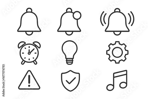 Notification and UI line icon set. Vector symbols for web and mobile apps. Includes bell alert, alarm clock, settings gear, security shield, idea lightbulb and warning sign.