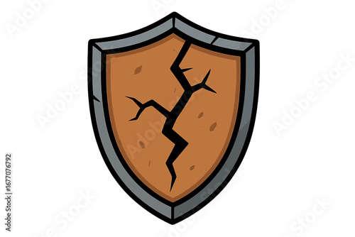 Cracked shield vector icon. Broken safety symbol of weak protection, vulnerability, and insecurity. Damaged defense metaphor. Antique medieval game asset. Security breach.