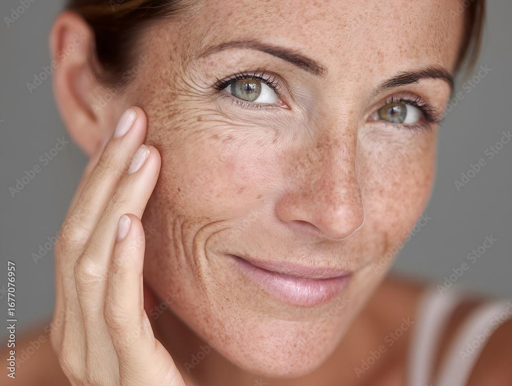 Fototapeta premium A content woman with freckles and laugh lines, gently touching her face.