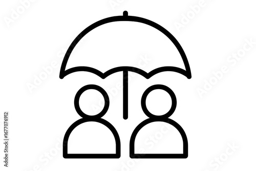 Insurance and protection concept icon. Family or couple under an umbrella for safety, security, and care. Line symbol for life insurance, health, and financial services.