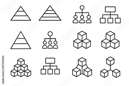 Set of hierarchy and structure line icons. Business organization chart, pyramid diagram, flowchart, corporate management, data blocks, and system connection vector symbols.