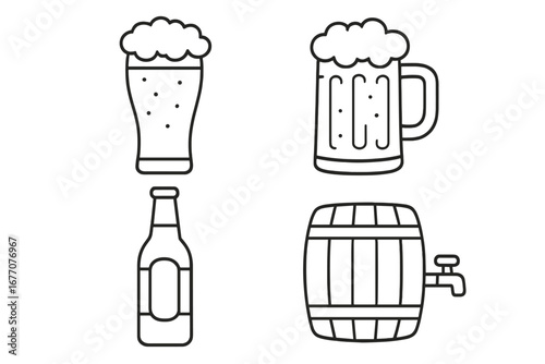 Beer icon set with glass, mug, bottle, and barrel. Line art vector illustration for brewery, pub menu, or bar signage. Alcohol, drink, craft beer, lager, and ale concepts.