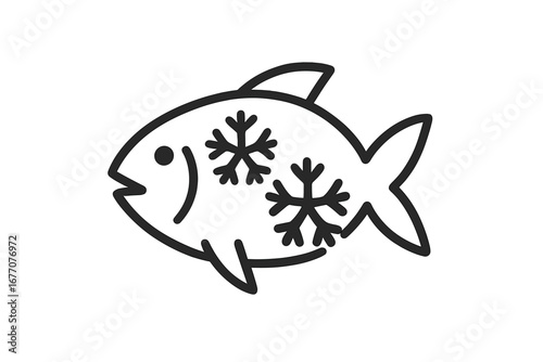 Frozen fish icon for seafood or grocery store. Minimalist outline symbol of refrigerated food product with snowflakes. Vector logo for packaging, fresh market or fishing.