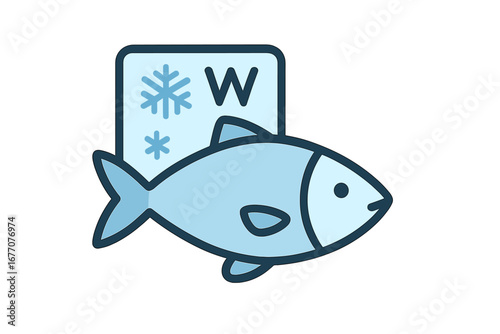 Frozen fish icon with snowflake symbol. Seafood product packaging concept. Cold food storage label for grocery store or market. Vector linear illustration for sign design.