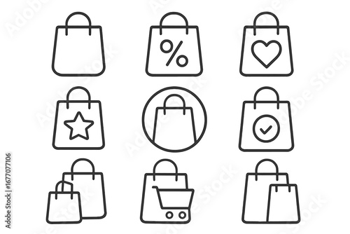 Shopping bag line icon set. E-commerce and retail outline pictograms for web design, apps. Vector symbols for sale, discount, favorite, wishlist, add to cart, purchase.