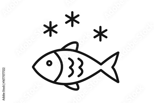 Frozen fish icon, minimalistic line art symbol. Vector illustration of seafood with snowflakes for cold storage concept. Simple fresh food sign for market, packaging, or logo.
