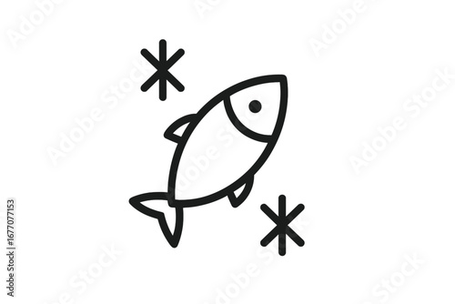 Frozen fish vector icon. Seafood product symbol. Minimalist line art illustration for grocery store, food packaging, or restaurant menu. Fresh fish market cold storage concept.