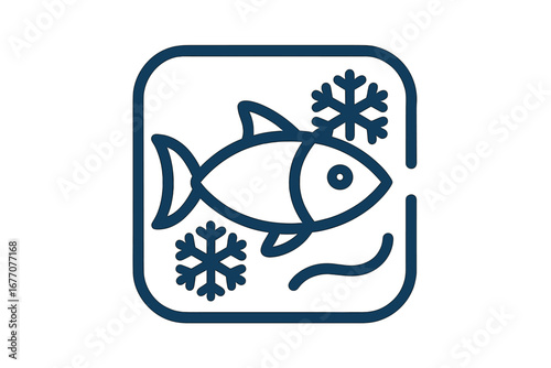 Frozen fish line icon. Seafood product packaging symbol. Vector concept of cold food storage with ice snowflake. Minimalist outline sign for grocery, market or restaurant menu.