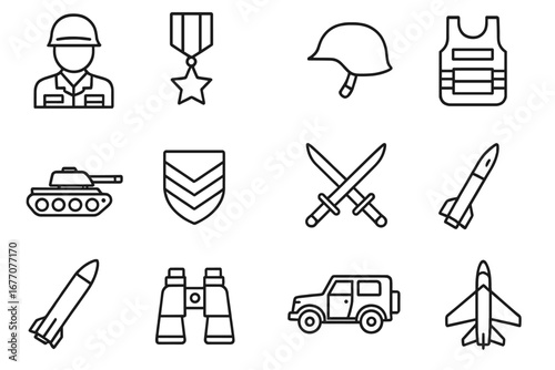 Army and military line icon set. Soldier, medal, helmet, vest, tank, rank, swords, rocket, binoculars, jeep, fighter jet. Defense and warfare vector symbols. Editable stroke.