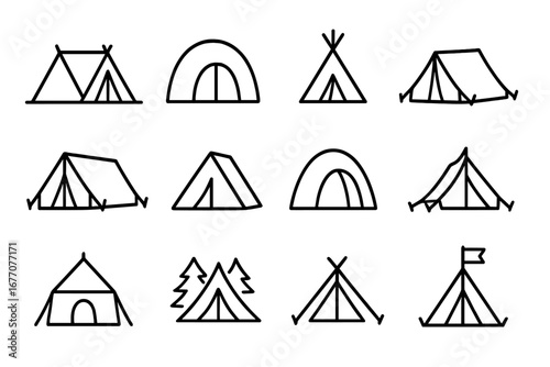 Tent icon set for camping and outdoor adventure. Line art symbols for hiking, travel, and nature exploration. Vector pictograms for web, graphic design, and apps. Shelter icon.