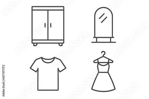 Set of furniture and clothes line icons. Wardrobe, mirror, dress, t-shirt pictogram collection. Minimalist vector symbols for fashion, home interior design. Editable stroke.