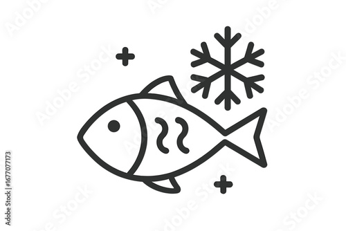 Frozen fish vector line icon. Seafood product symbol for packaging, grocery store, and menu. Cold storage, freezer food concept. Minimalist fish and snowflake logo design.