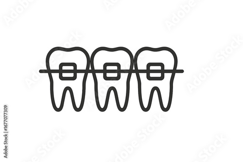 Orthodontic braces on teeth vector line icon. Dental care, oral hygiene and dentistry concept. Tooth alignment, correction treatment and beautiful smile symbol. Linear style.