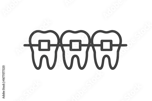 Teeth with braces vector line icon. Orthodontic treatment concept. Dentistry, dental care, and oral hygiene symbol. Simple illustration for stomatology, clinic, or web design.