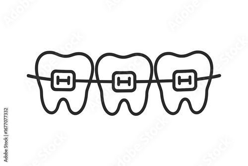 Teeth with braces vector outline icon. Orthodontic treatment concept. Stomatology, oral hygiene, dental care. Healthy smile correction. Dentistry linear pictogram for web, app.