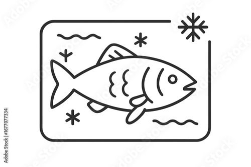 Frozen fish in package linear icon. Seafood product symbol for grocery store, market, and packaging. Vector outline of cold fish with snowflake for menu and food branding.