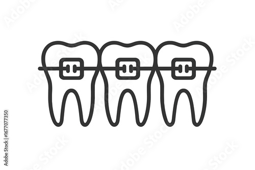 Teeth with braces vector icon. Orthodontic treatment concept. Dental care and dentistry illustration. Oral hygiene and smile alignment symbol. Metal brackets on teeth line art.