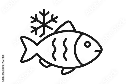 Frozen fish icon, seafood symbol with snowflake. Fresh frozen food product logo. Simple line art illustration for packaging, supermarket, or menu. Cold storage vector graphic.