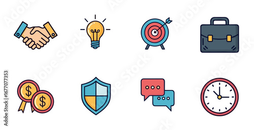 Assorted business symbols representing various concepts arranged in neat rows against a white backdrop create a clean and professional feeling.