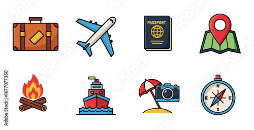 Travel themed elements arranged on white surface representing vacation planning and adventure, creating a sense of wanderlust and excitement.