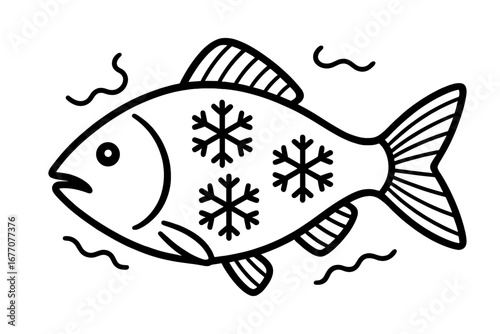 Frozen fish icon with snowflakes. Seafood product symbol for grocery store, packaging or menu. Cold fish outline. Vector illustration for the food industry and fishery concept.