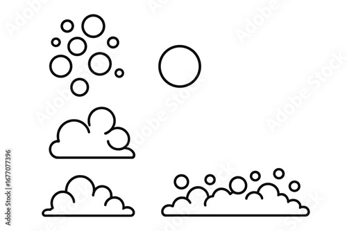 Bubble and foam line icon set. Vector cartoon illustration of soap suds, lather, and fizzy drink elements. Clean outline design for hygiene, washing, and sparkling concepts.