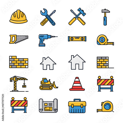 Construction tools arranged neatly on white surface representing building industry equipment and supplies for repair and renovation, clean and organized.
