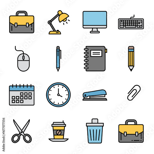 Office supplies arranged neatly on a white surface representing a productive and organized workspace, conveying a sense of efficiency and professionalism.