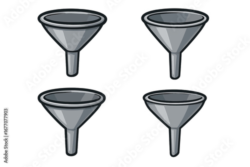 Funnel vector icon set. Metal cartoon illustration for sales funnel, business marketing process, lead generation, data filtering, and conversion rate optimization concept.