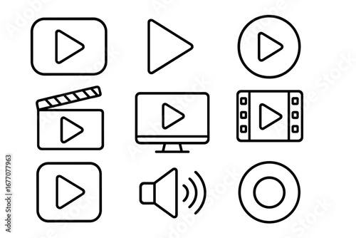 Play button line icon set. Video media player signs. Start symbol for web, app, UI UX design. Movie clapperboard, film, monitor, sound, record vector illustration pack.